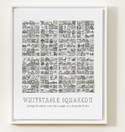 Framed artwork titled 'Whitstable Squared II' with black and white illustrations on a light background.