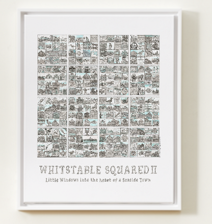 Framed artwork titled 'Whitstable Squared II' with black and white illustrations on a light background.