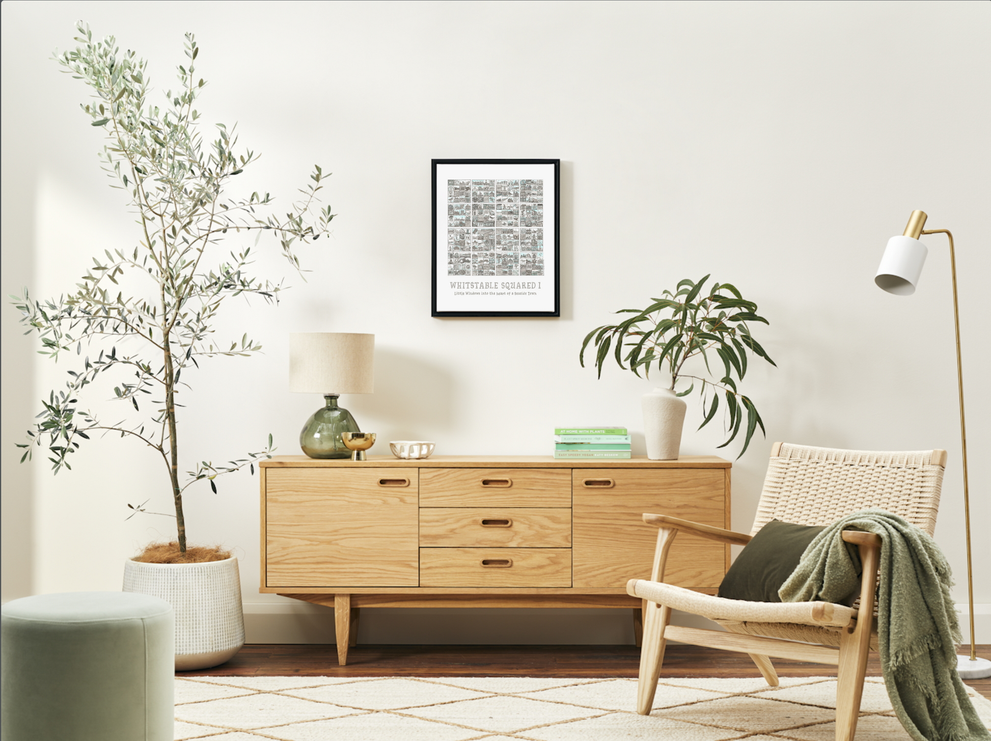 A3 Whitstable Squared II print in a black frame on a living room white wall