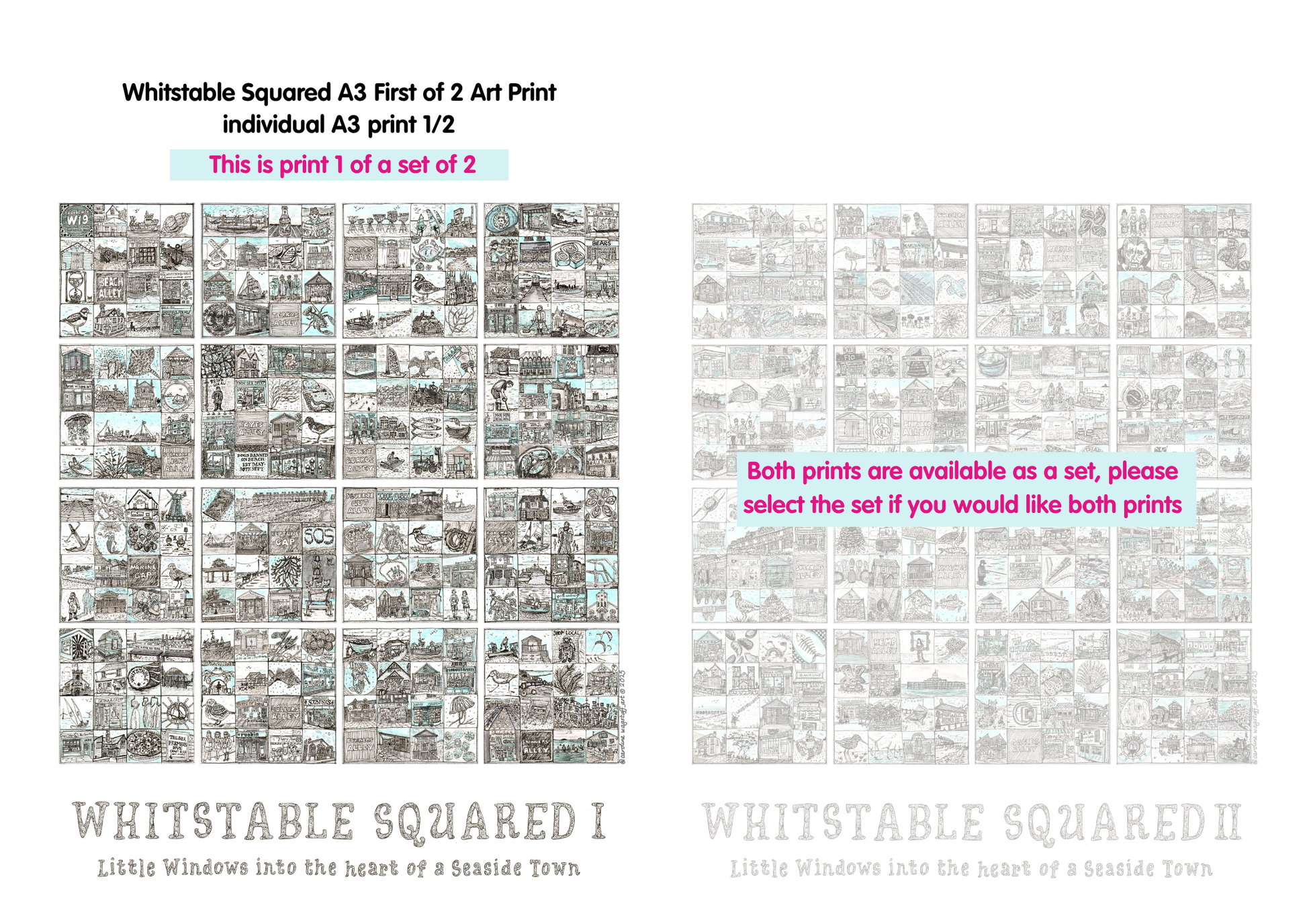 Two A3 prints with text indicating they are part of a set, one titled 'Whitstable Squared I' and the other 'Whitstable Squared II'