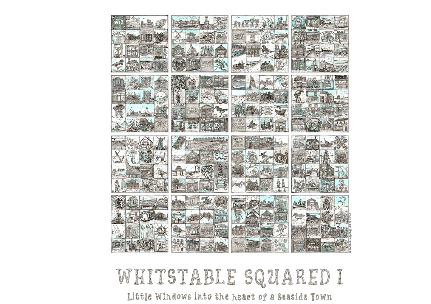 Close up of 'Whitstable Squared I' llustrated grid of small images in squares