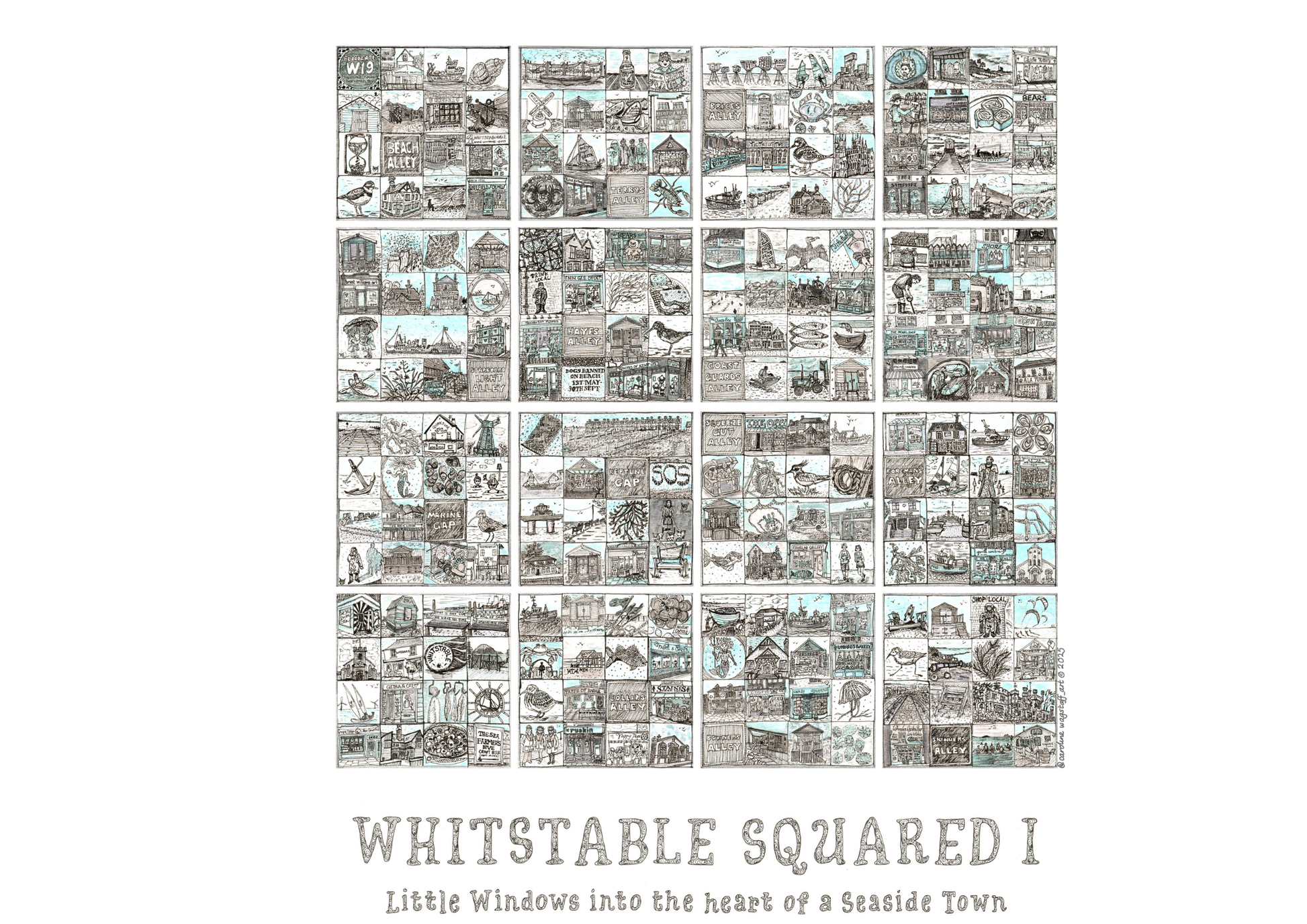 Close up of 'Whitstable Squared I' llustrated grid of small images in squares