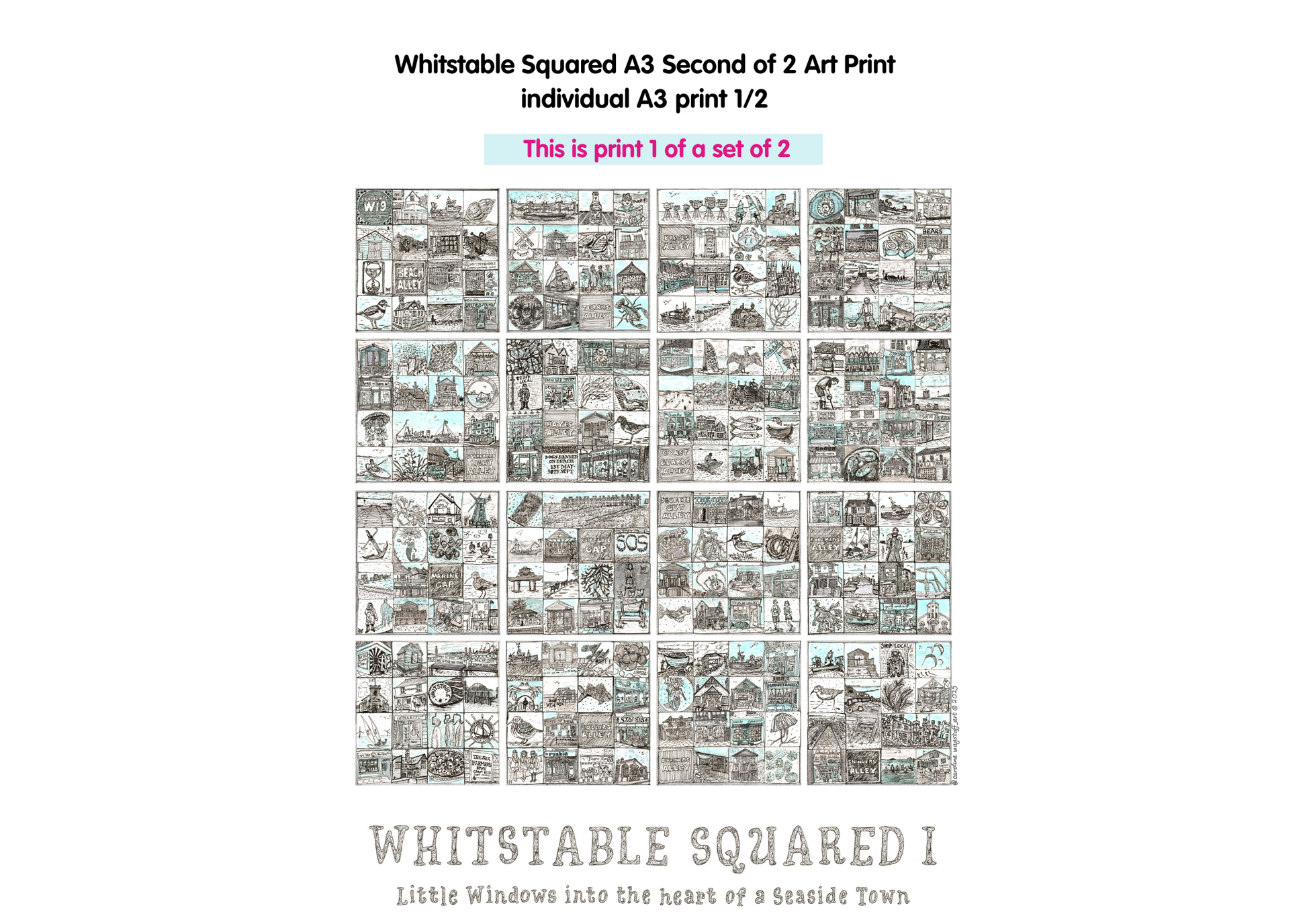 Art print titled 'Whitstable Squared A3' with text indicating it's part of a set of 2 on a white background.