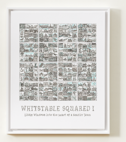 Framed A3 'Whitstable Squared I' artwork with black and white design in a white frame on a light background