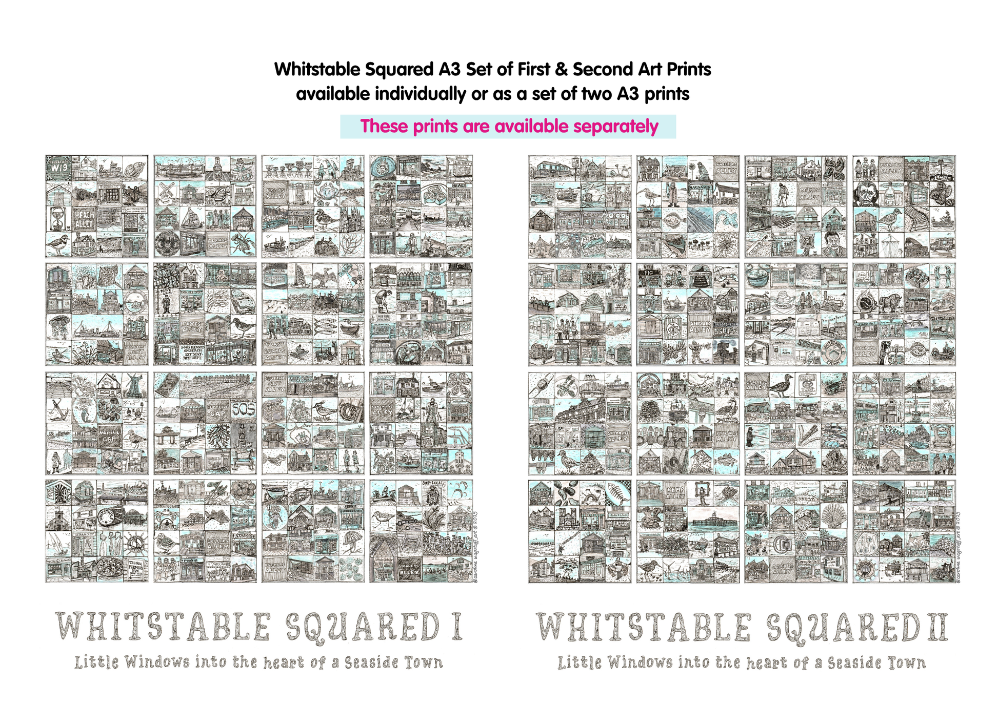 Two A3 prints titled 'Whitstable Squared I' and 'Whitstable Squared II' with a grid layout of black and white illustrations.

