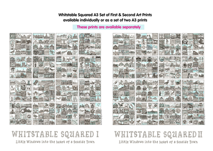 Two A3 prints titled 'Whitstable Squared I' and 'Whitstable Squared II' with a grid layout of black and white illustrations.

