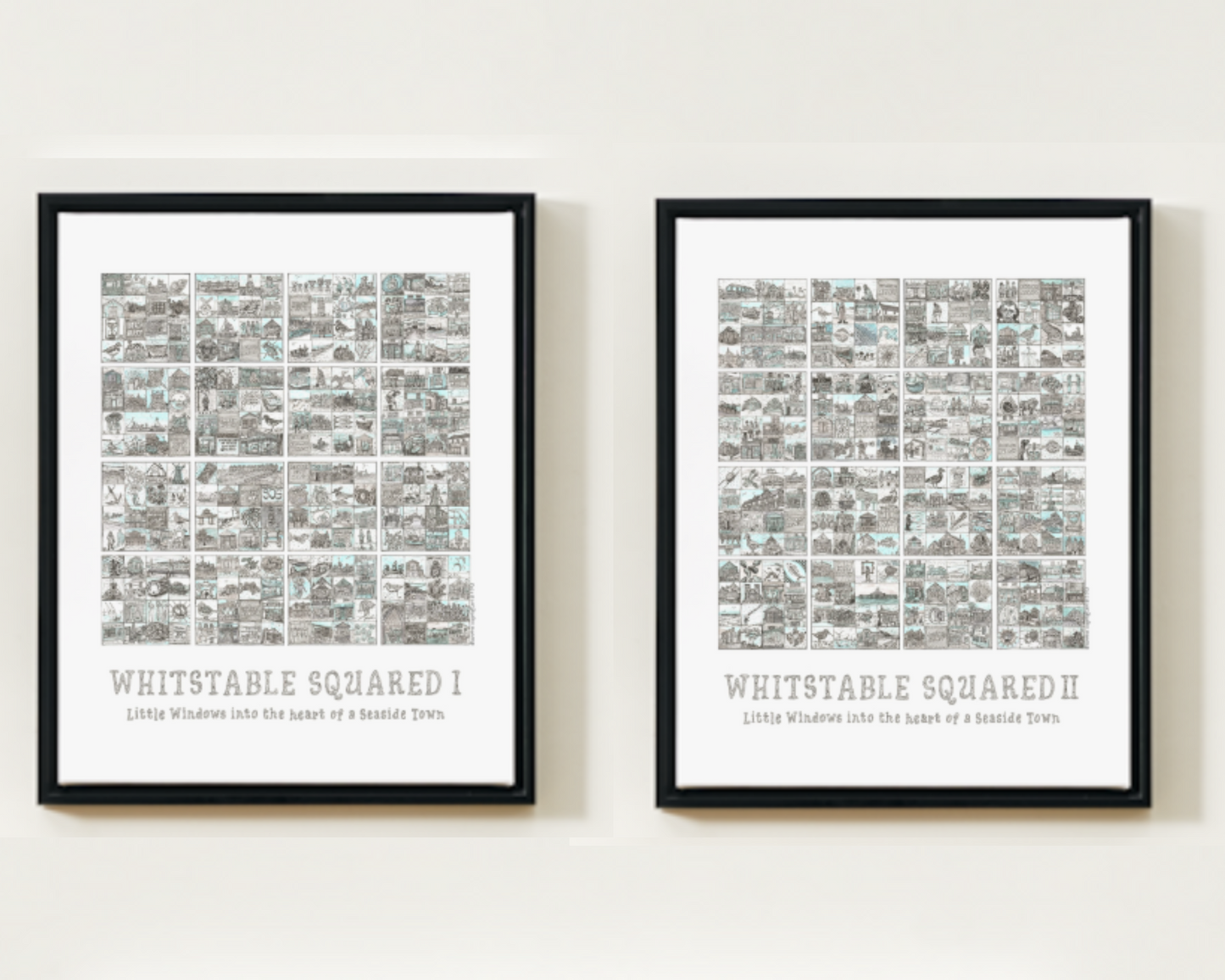 Two black framed prints titled 'Whitstable Squared I' and 'Whitstable Squared II' on a white wall.
