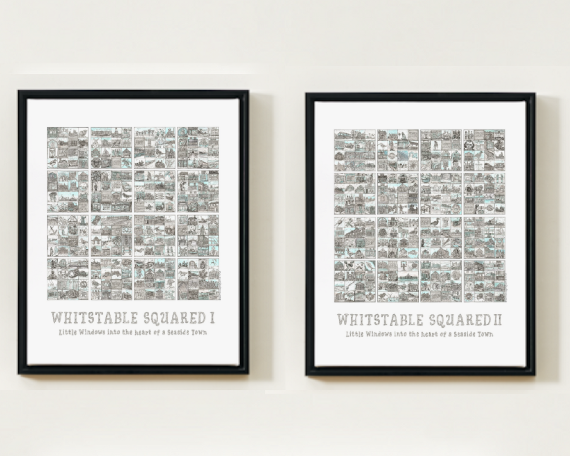 Two black framed prints titled 'Whitstable Squared I' and 'Whitstable Squared II' on a white wall.