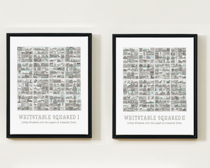 Two black framed prints titled 'Whitstable Squared I' and 'Whitstable Squared II' on a white wall.