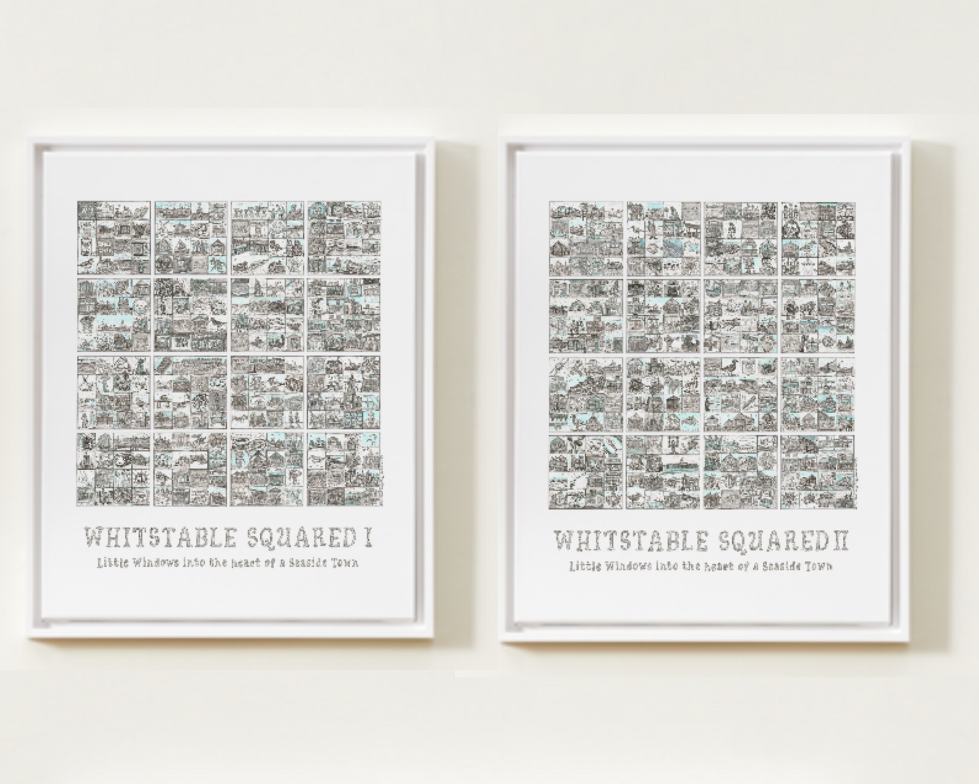Two white framed prints titled 'Whitstable Squared I' and 'Whitstable Squared II' on a white background.