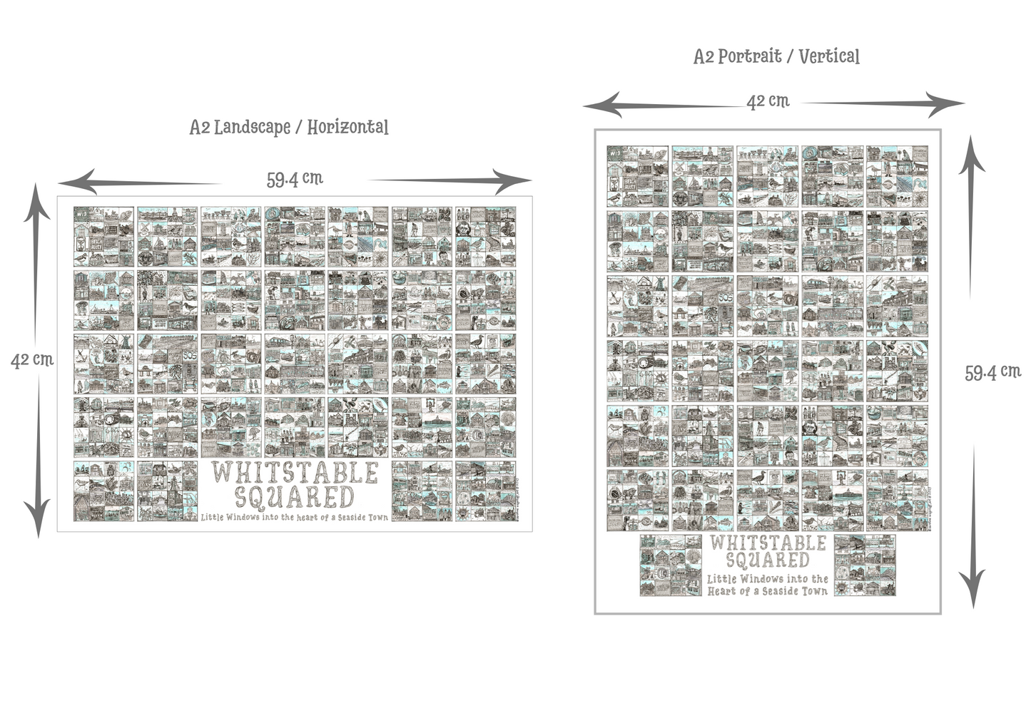 Two A2 size prints with dimensions and 'Whitstable Squared' branding.