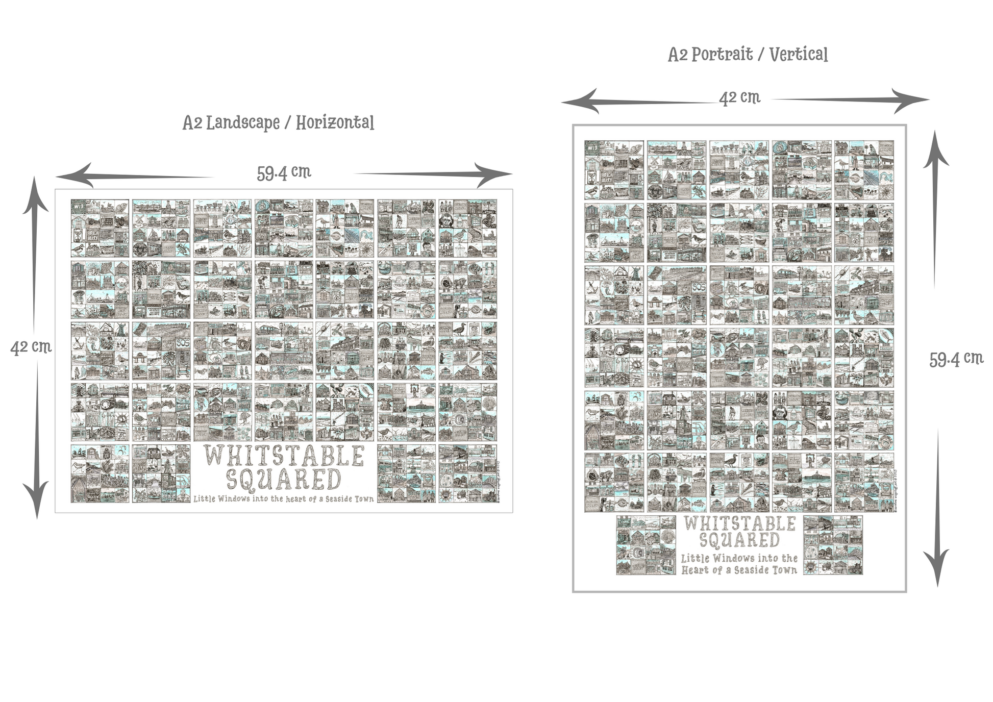 Two A2 size prints with dimensions and 'Whitstable Squared' branding.