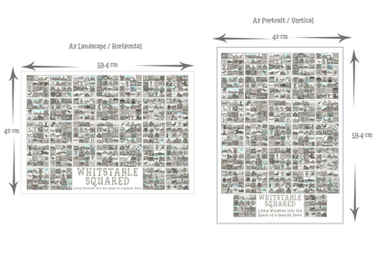 Two A2 size prints with dimensions and 'Whitstable Squared' branding.