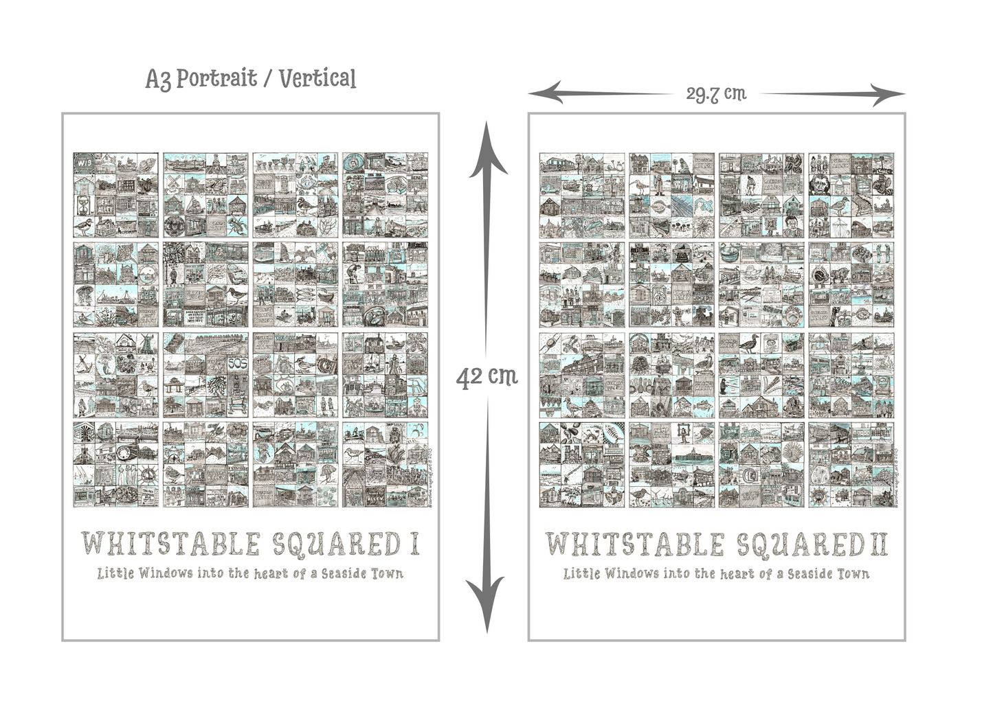 Two posters titled 'Whitstable Squared I' and 'Whitstable Squared II' with dimensions displayed.