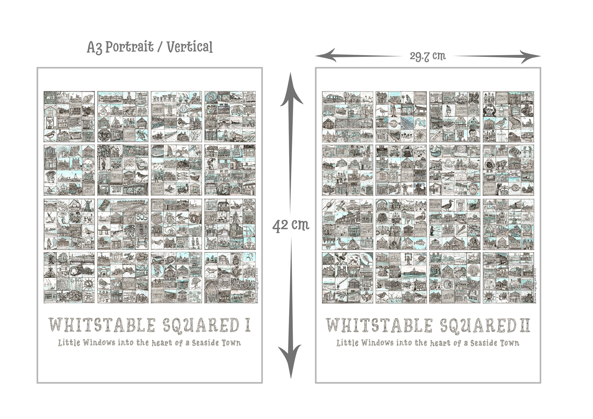 Two posters titled 'Whitstable Squared I' and 'Whitstable Squared II' with dimensions displayed.