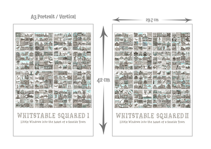 Two posters titled 'Whitstable Squared I' and 'Whitstable Squared II' with dimensions displayed.