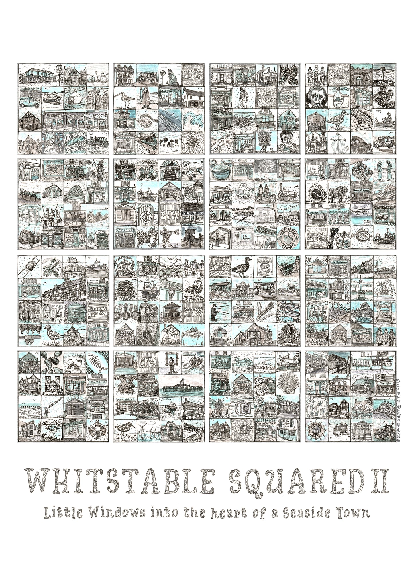 Close up of 'Whitstable Squared II' A3 portrait format picture illustrated grid of small images in squares. Part 2 of set of 2