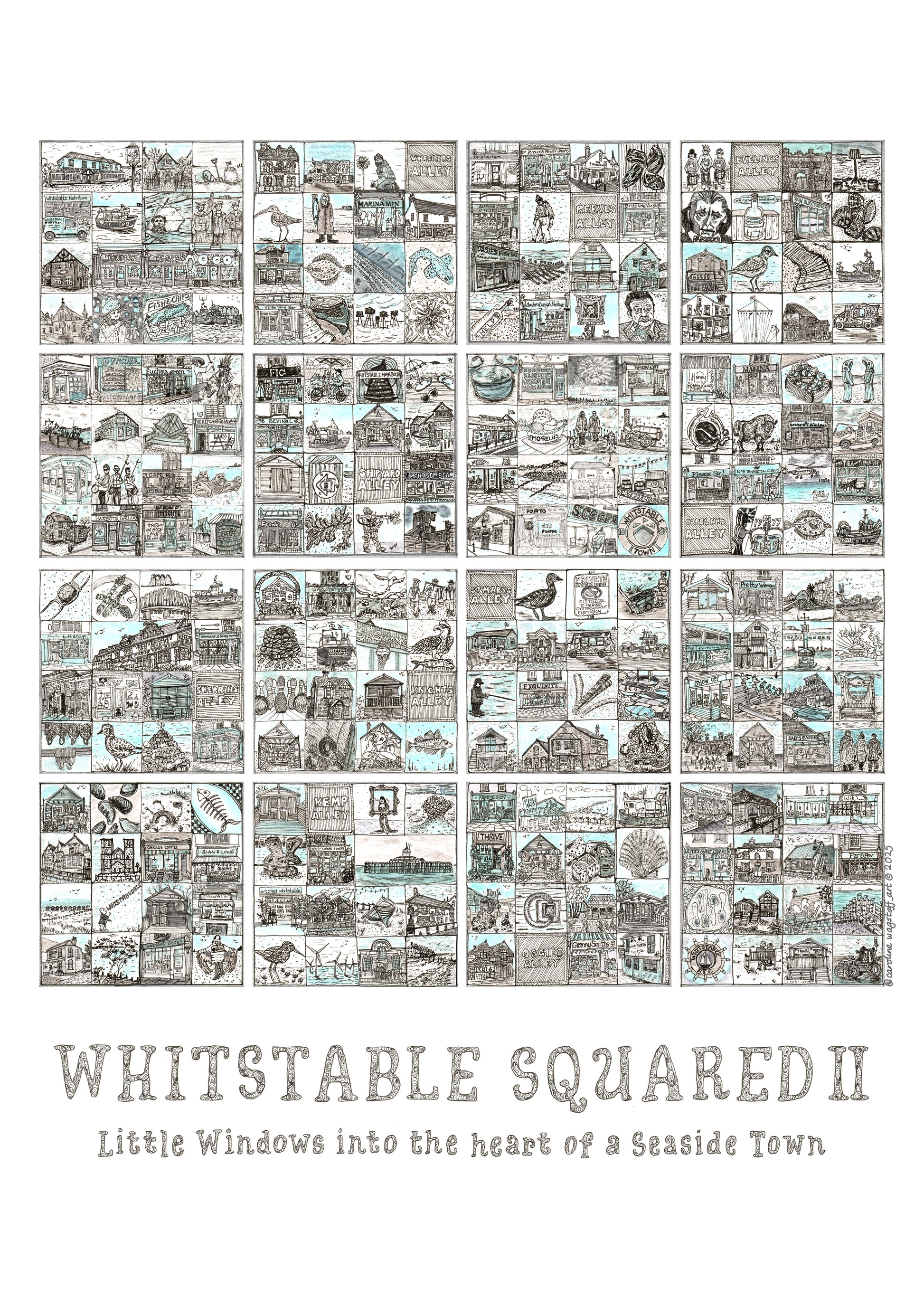Close up of 'Whitstable Squared II' A3 portrait format picture illustrated grid of small images in squares. Part 2 of set of 2