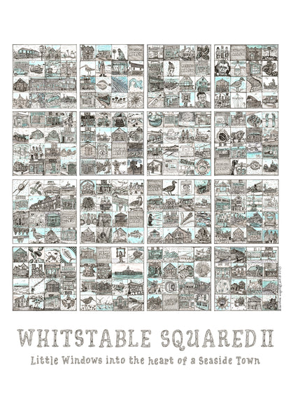Close up of 'Whitstable Squared II' A3 portrait format picture illustrated grid of small images in squares. Part 2 of set of 2