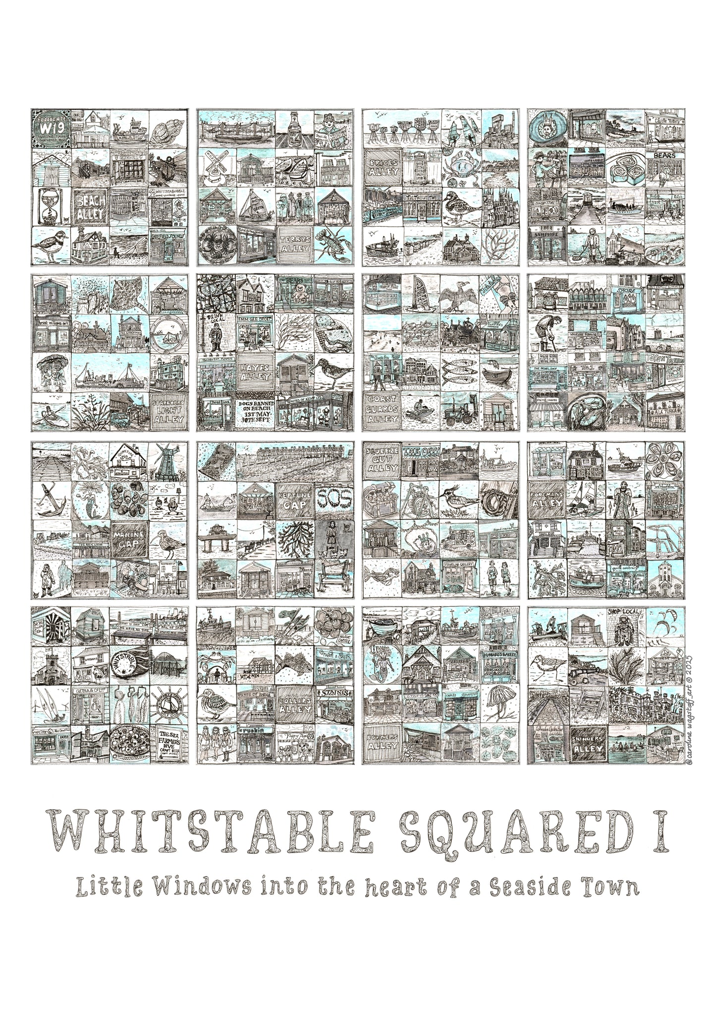 Close up of 'Whitstable Squared I ' A3 portrait format picture illustrated grid of small images in squares. Part 1 in set of 2