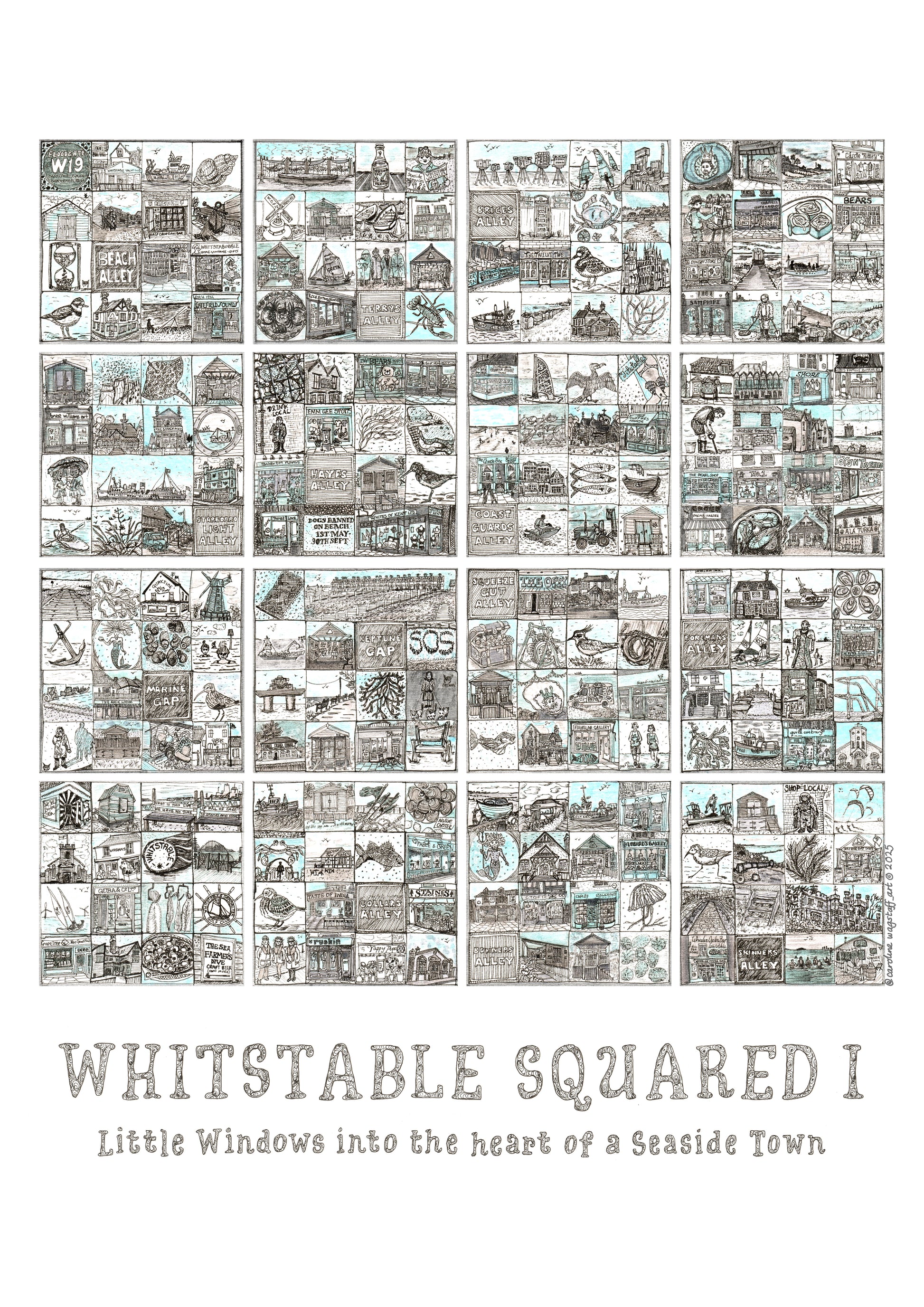 Close up of 'Whitstable Squared I ' A3 portrait format picture illustrated grid of small images in squares. Part 1 in set of 2