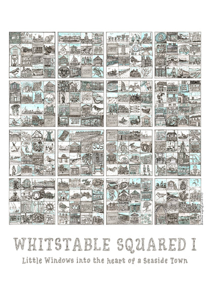 Close up of 'Whitstable Squared I ' A3 portrait format picture illustrated grid of small images in squares. Part 1 in set of 2