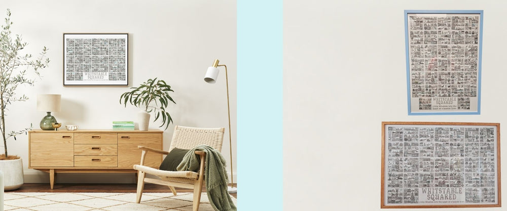 Three differently framed picture of Whitstalbe Squared in black, blue and wood effect frames