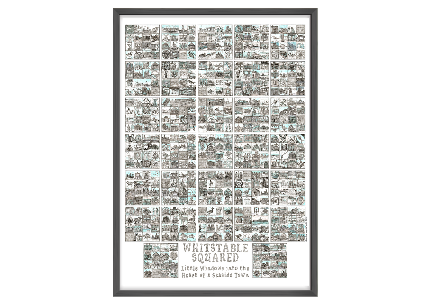 Framed A2 artwork titled 'Whitstable Squared' with a grid of black and white illustrations in a black frame.