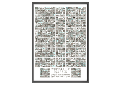 Framed A2 artwork titled 'Whitstable Squared' with a grid of black and white illustrations in a black frame.