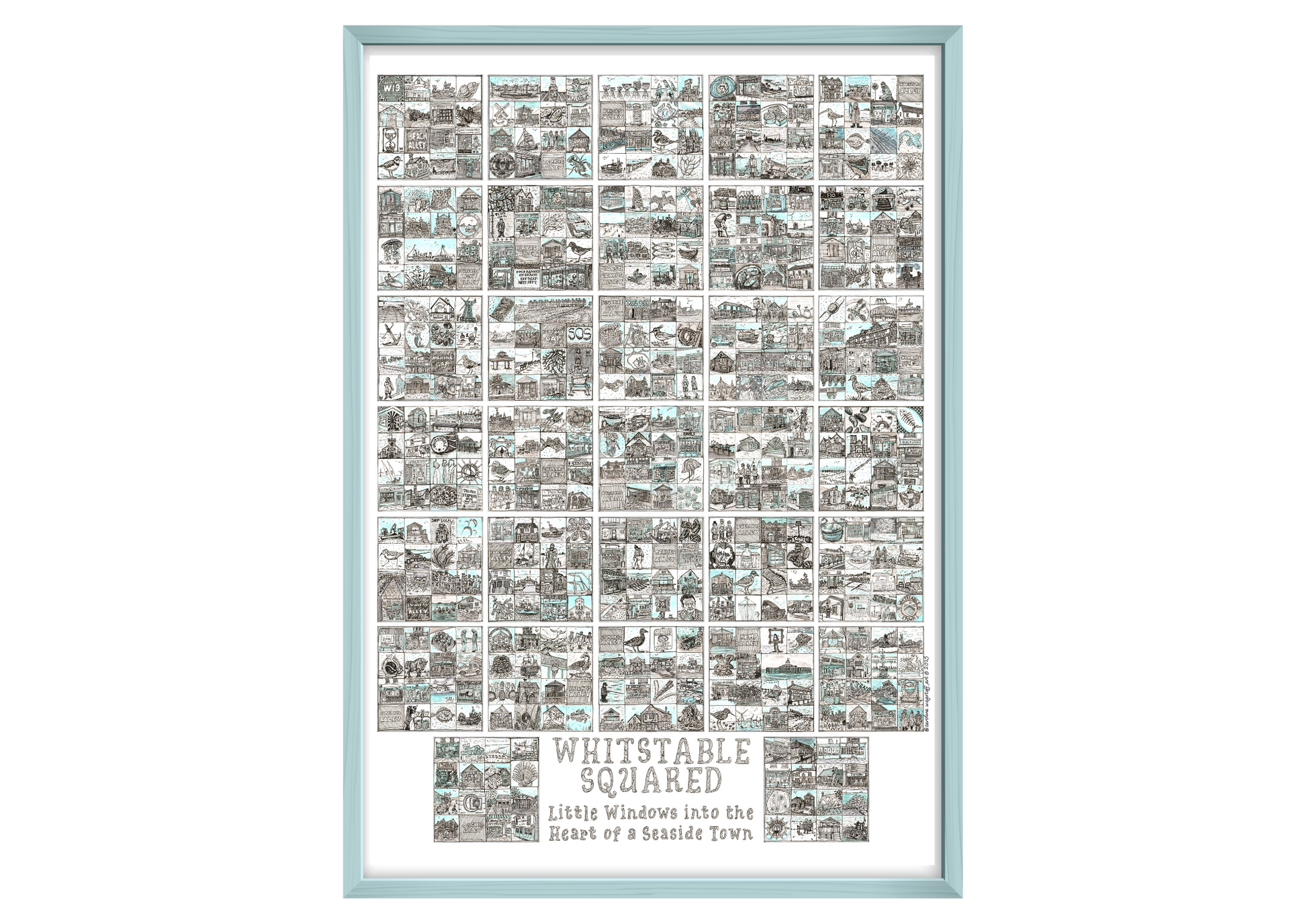 Framed A2 artwork titled 'Whitstable Squared' with a grid of black and white illustrations  in a powder blue frame.