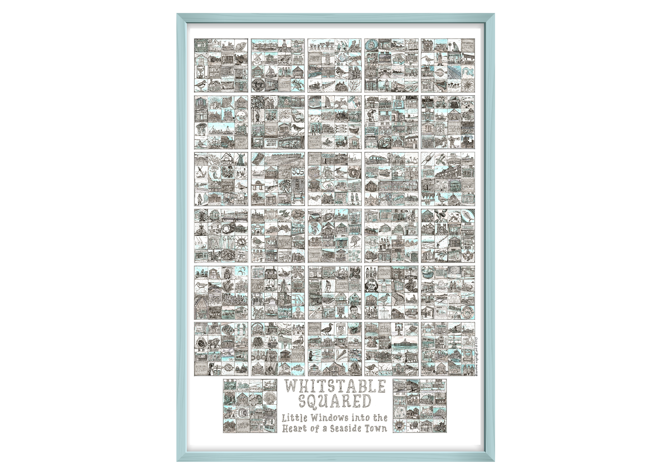 Framed A2 artwork titled 'Whitstable Squared' with a grid of black and white illustrations  in a powder blue frame.