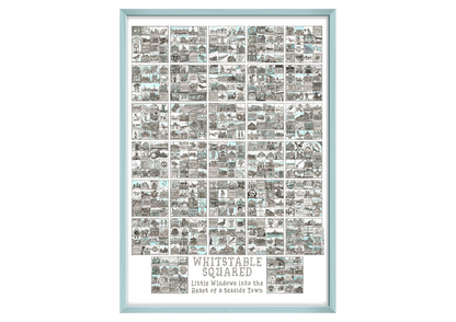Framed A2 artwork titled 'Whitstable Squared' with a grid of black and white illustrations  in a powder blue frame.