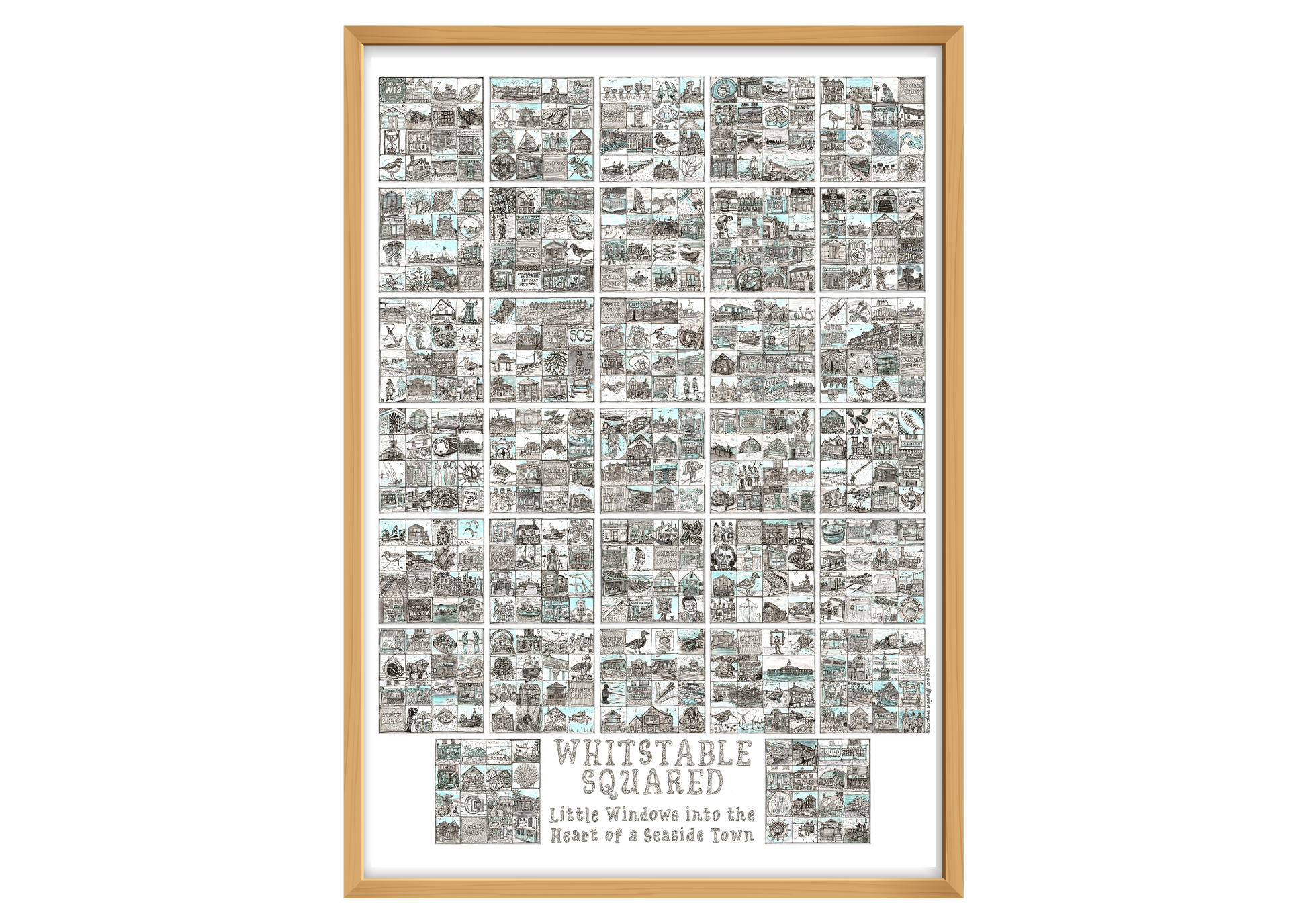 Framed A2 artwork titled 'Whitstable Squared' with a grid of black and white illustrations  in a wood effect frame.