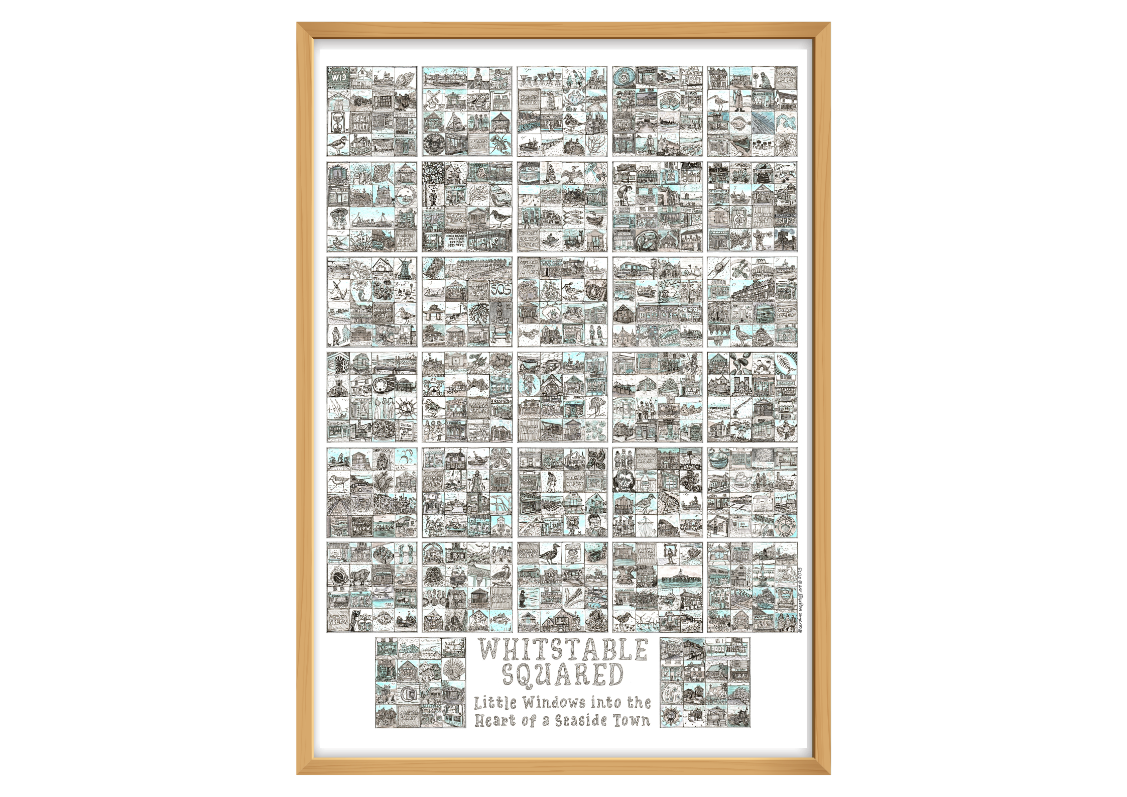 Framed A2 artwork titled 'Whitstable Squared' with a grid of black and white illustrations  in a wood effect frame.