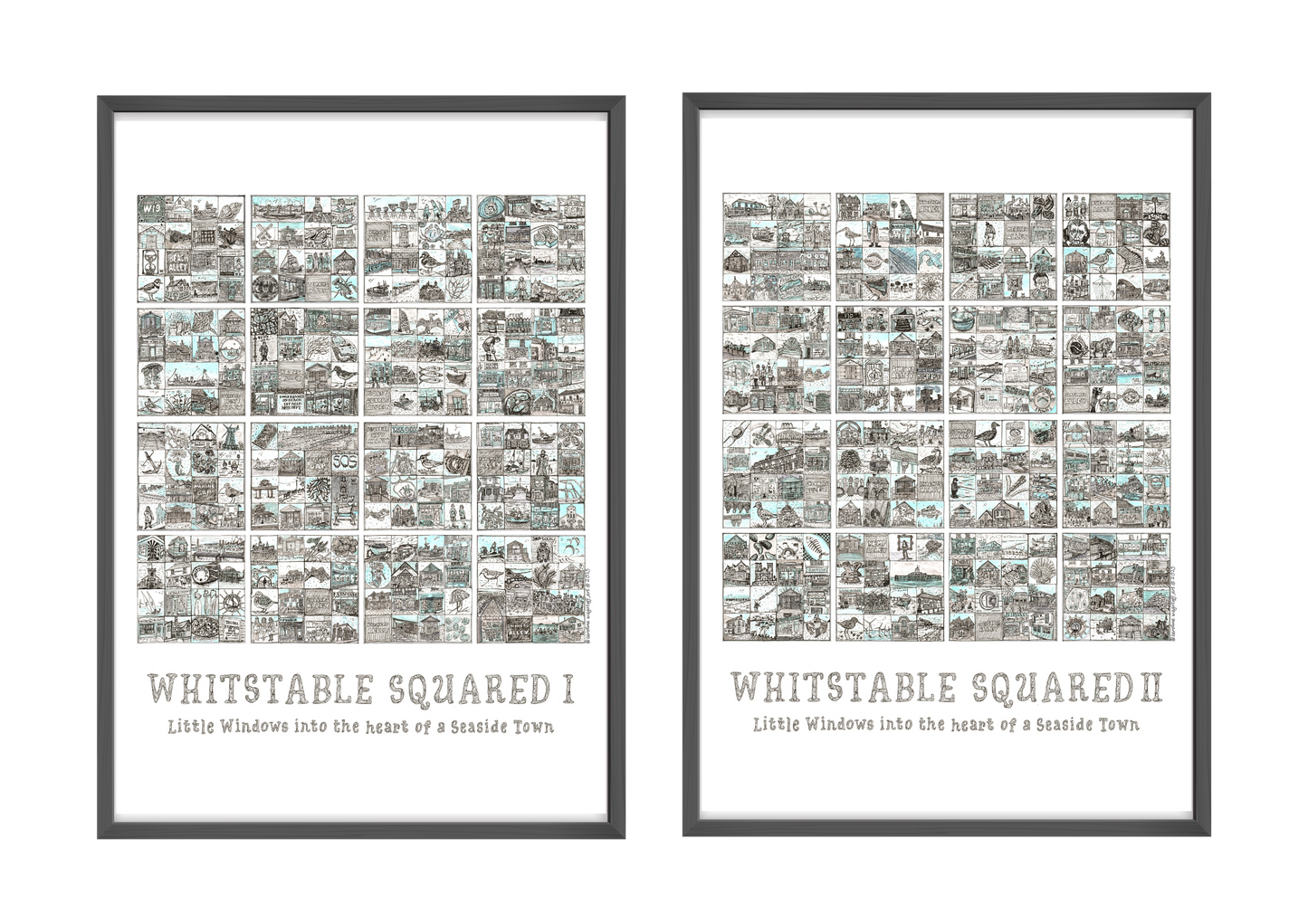 Two framed prints titled 'Whitstable Squared I' and 'Whitstable Squared II' on a white background.