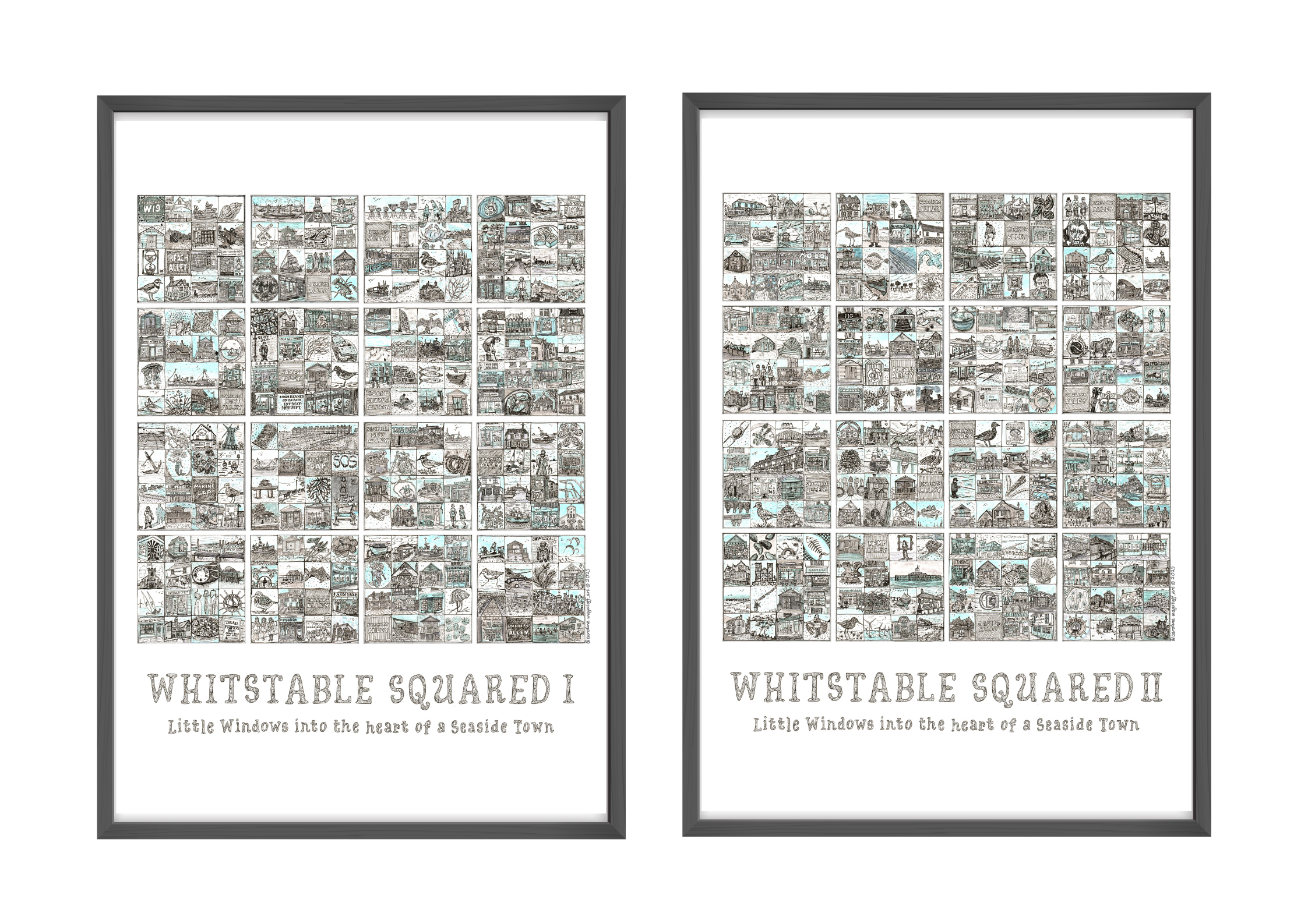 Two framed prints titled 'Whitstable Squared I' and 'Whitstable Squared II' on a white background.